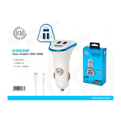 KM-8211 CARGADOR COCHE CABLE LIGHTNING [AZUL]