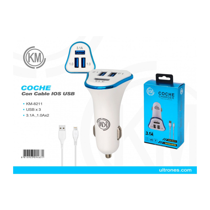 KM-8211 CARGADOR COCHE CABLE LIGHTNING [AZUL]