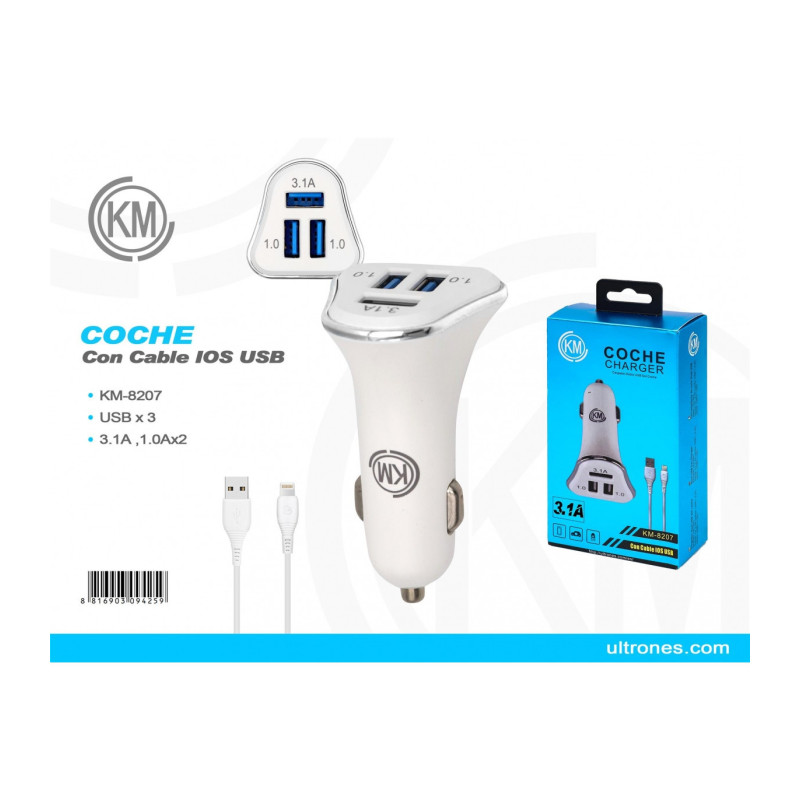 KM-8207 CARGADOR COCHE CABLE LIGHTNING [PLATA]