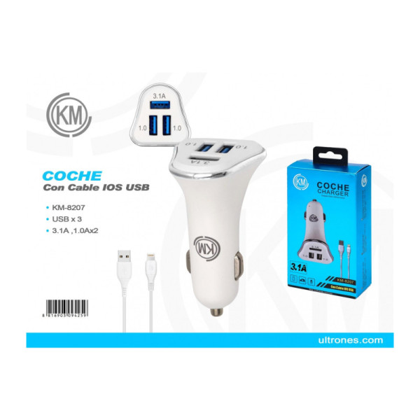 KM-8207 CARGADOR COCHE CABLE LIGHTNING [PLATA]