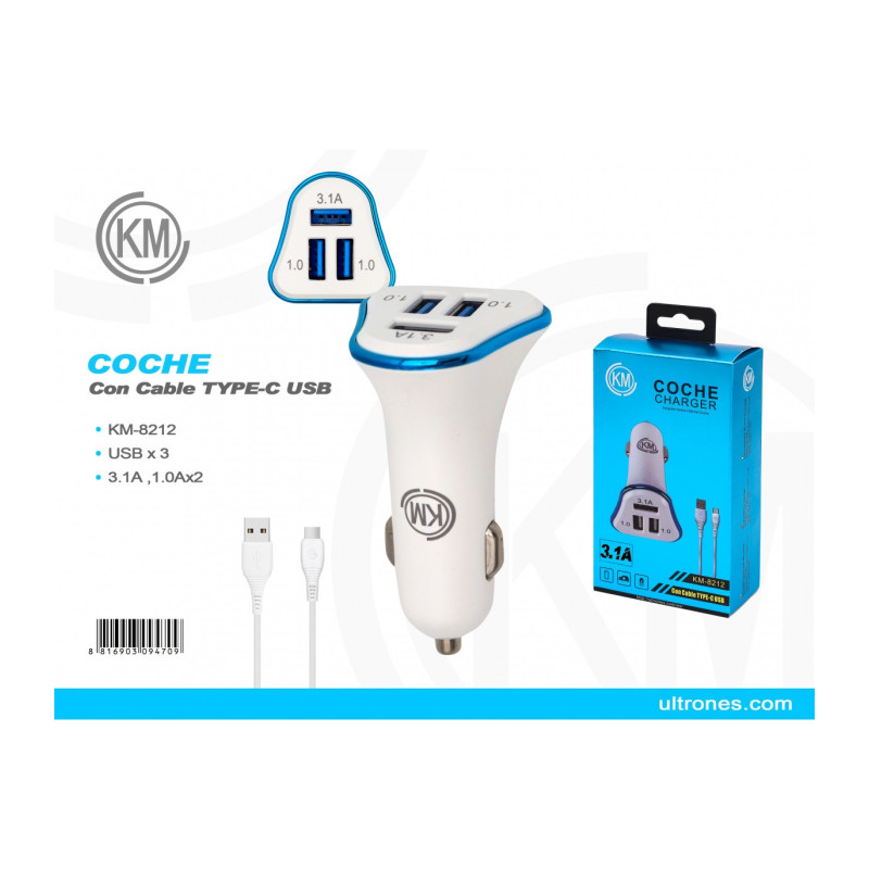KM-8212 CARGADOR COCHE CABLE TYPE-C [AZUL]