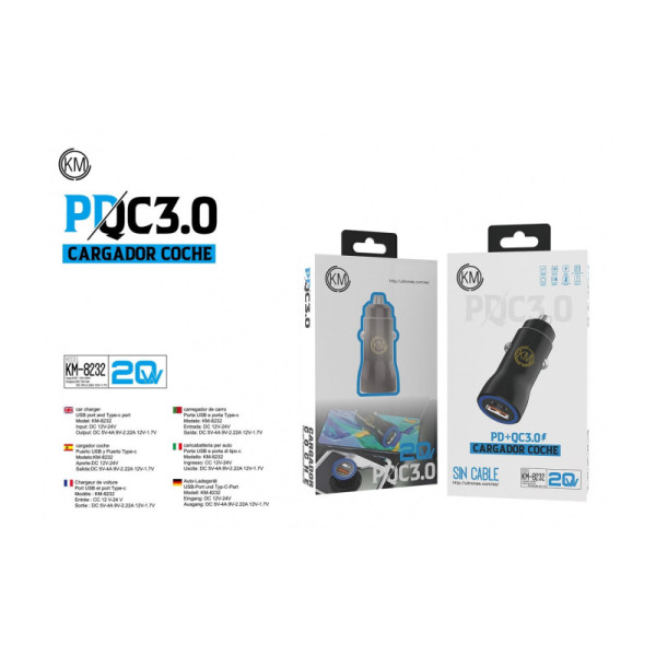 KM-8232 CARGADOR COCHE 20W SIN CABLE [NEGRO]