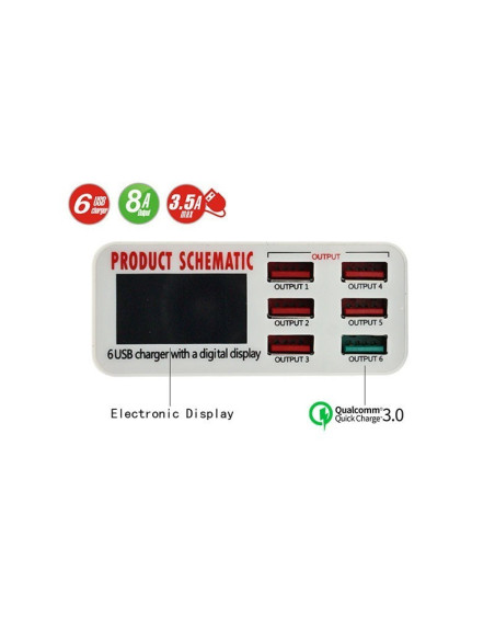 Cargador USB con 6 puertos de carga rápida y pantalla LCD
