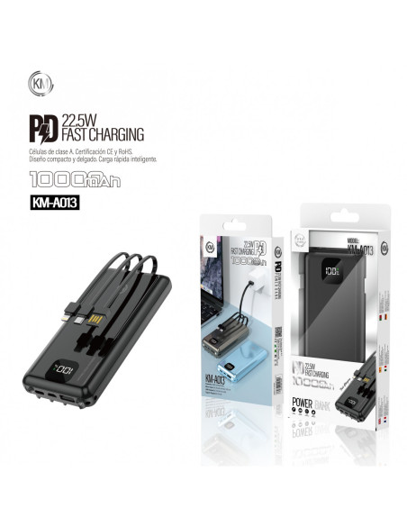 POWER BANK 10000mAh CON 3 CABLE PD-22.5W [KM-A013]