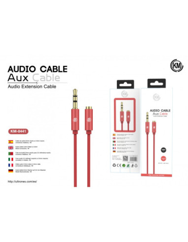 KM-8441 CABLE AUDIO JACK 3.5MM 3PIN MACHO A HEMBRA TPE [ROJO]