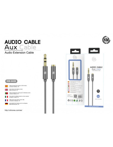 KM-8439 CABLE AUDIO JACK 3.5MM 3PIN MACHO A HEMBRA TPE [GRIS]