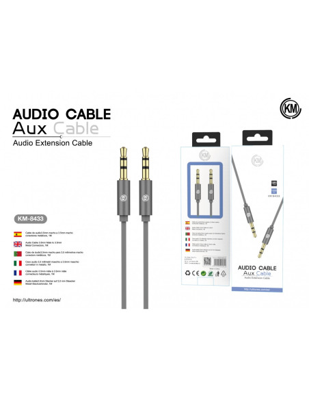 KM-8433 CABLE AUDIO JACK 3.5MM 3PIN MACHO A MACHO [GRIS]