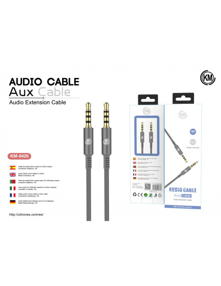 KM-8428 CABLE AUDIO JACK 3.5MM 4PIN MACHO A MACHO [GRIS]