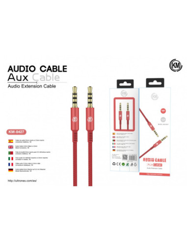 KM-8427 CABLE AUDIO JACK 3.5MM 4PIN MACHO A MACHO [ROJO]