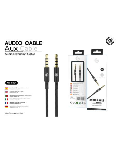 KM-8424 CABLE AUDIO JACK 3.5MM 4PIN MACHO A MACHO 1M [NEGRO]