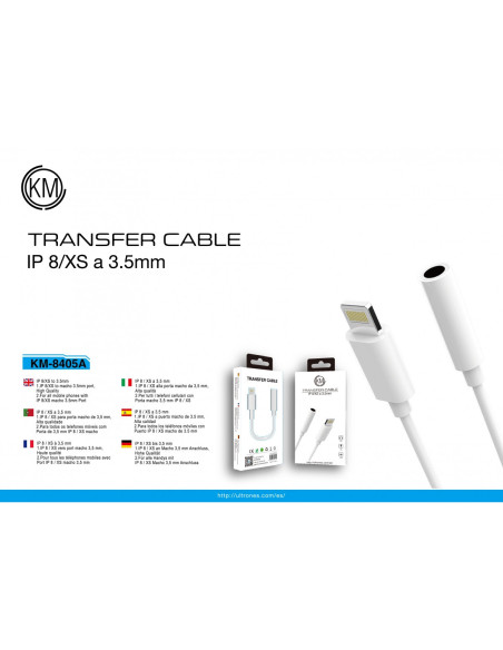 KM-8405A ADAPTADOR CABLE LIGHTNING MACHO A HEMBRA JACK 3.5MM 4PIN BLUETOOTH