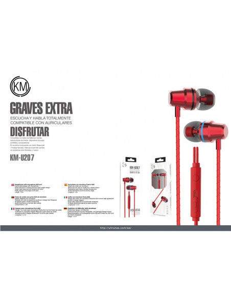 KM-U207 AURICULARES IN-EAR CABLE JACK 3.5MM [ROJO]