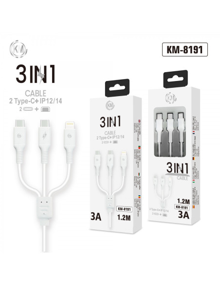 KM-8191 CABLE 3-IN-1 TYPE-C*2 LIGHTNING*1