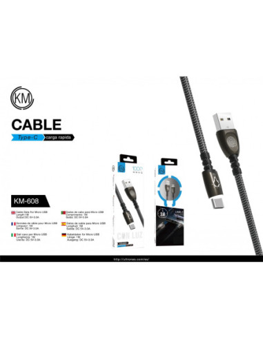 KM-608 CABLE TYPE-C ZINC LUZ TACTIL 3A