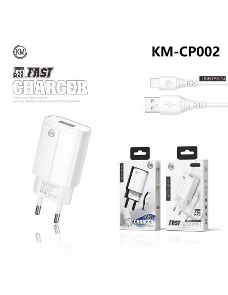 KM-CP002 CARGADOR PARED 2.4A 1*PUERTO_A CABLE LIGHTNING