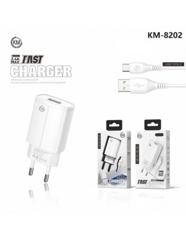 KM-8202B CARGADOR PARED 2.4A 1*PUERTO_A CABLE TYPE-C