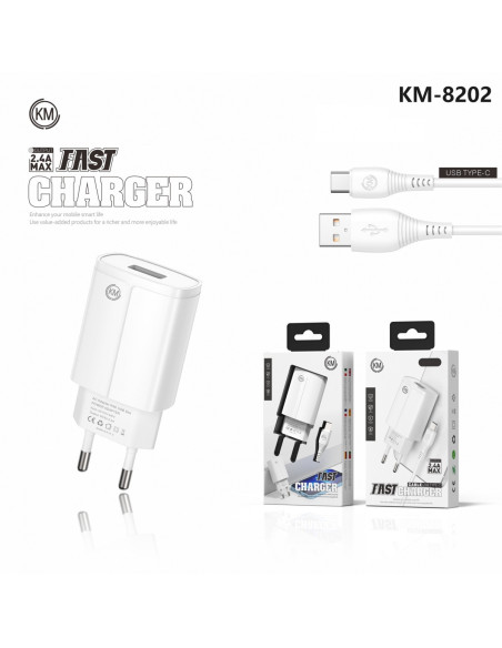 KM-8202B CARGADOR PARED 2.4A 1*PUERTO_A CABLE TYPE-C