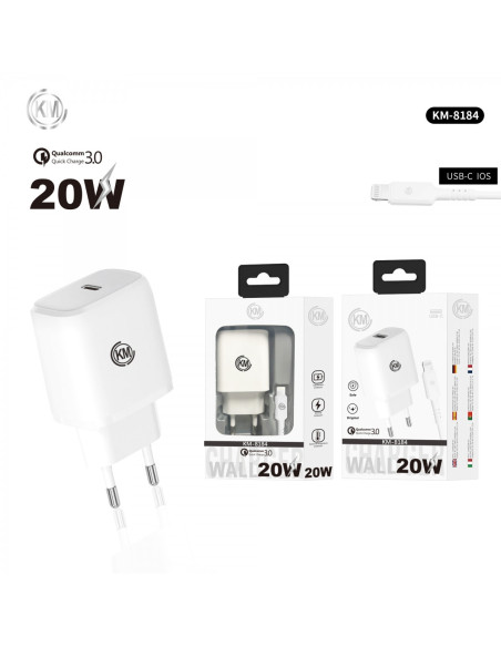 KM-8184 CARGADOR PARED 20W CABLE LIGHTNING