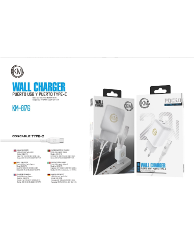 KM-8176 CARGADOR PARED 20W PUERTO_A+C CABLE TYPE-C [BLANCO]