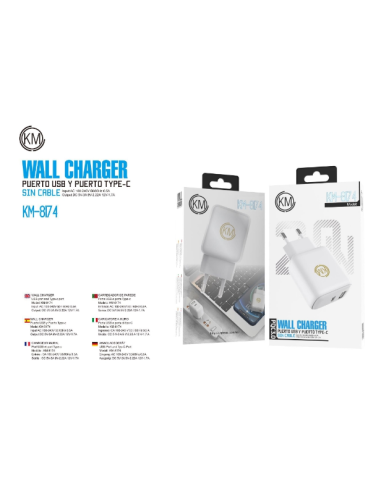 KM-8174 CARGADOR PARED 20W PUERTO_A+C SIN CABLE [BLANCO]