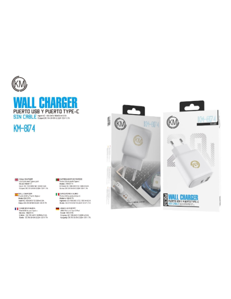 KM-8174 CARGADOR PARED 20W PUERTO_A+C SIN CABLE [BLANCO]