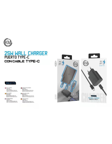 KM-8173 CARGADOR PARED 25W CABLE TYPE-C [NEGRO]