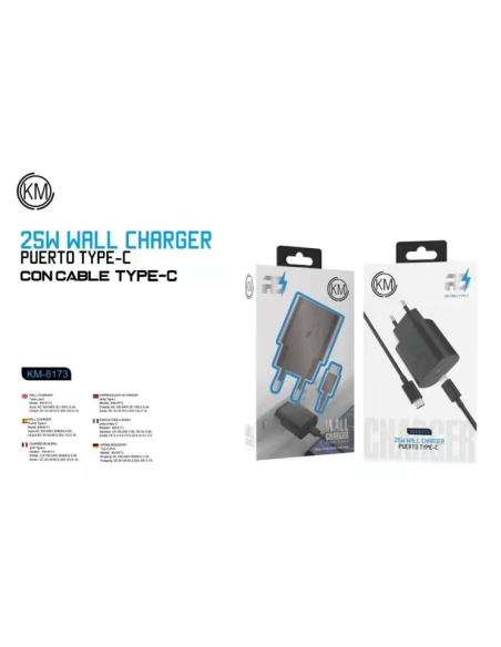 KM-8173 CARGADOR PARED 25W CABLE TYPE-C [NEGRO]