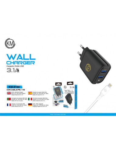 KM-8164 CARGADOR PARED CABLE LIGHTNING [NEGRO]