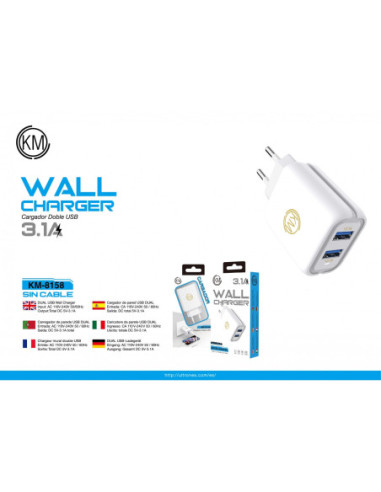 KM-8158 CARGADOR PARED 3.1A SIN CABLE [BLANCO]