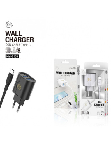 KM-8153 CARGADOR PARED 3.1A CABLE TYPE-C [BLANCO]