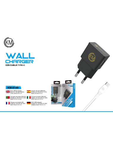 KM-8149 CARGADOR PARED CABLE TYPE-C [NEGRO]