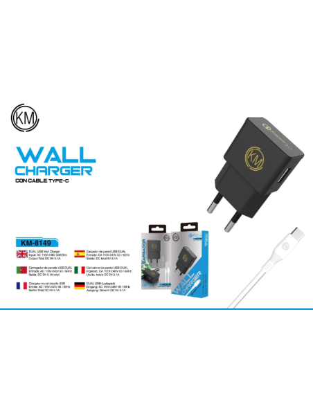 KM-8149 CARGADOR PARED CABLE TYPE-C [NEGRO]