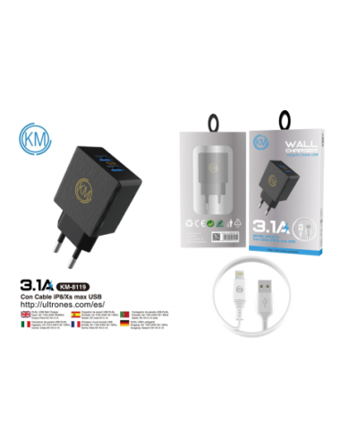 KM-8119 CARGADOR PARED 3.1A CABLE LIGHTNING [NEGRO]