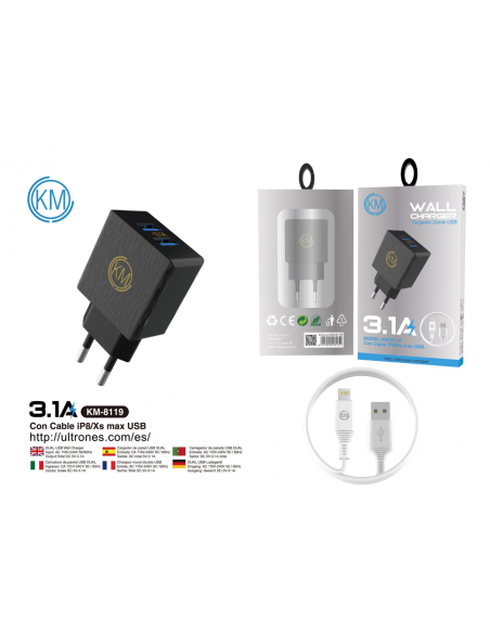 KM-8119 CARGADOR PARED 3.1A CABLE LIGHTNING [NEGRO]