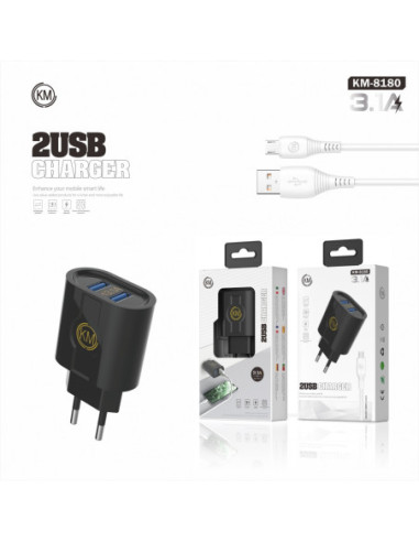 KM-8180 CARGADOR PARED 3.1A CABLE MICRO-USB
