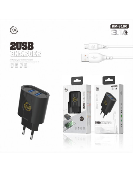 KM-8180 CARGADOR PARED 3.1A CABLE MICRO-USB
