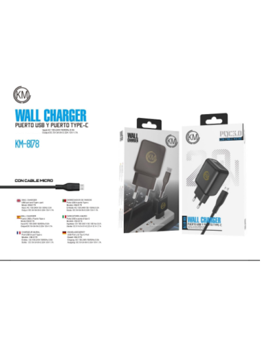 KM-8178 CARGADOR PARED 20W CABLE MICRO-USB [NEGRO]