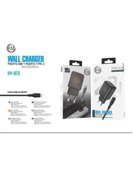 KM-8178 CARGADOR PARED 20W CABLE MICRO-USB [NEGRO]