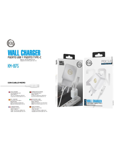 KM-8175 CARGADOR PARED 20W CABLE MICRO-USB [BLANCO]