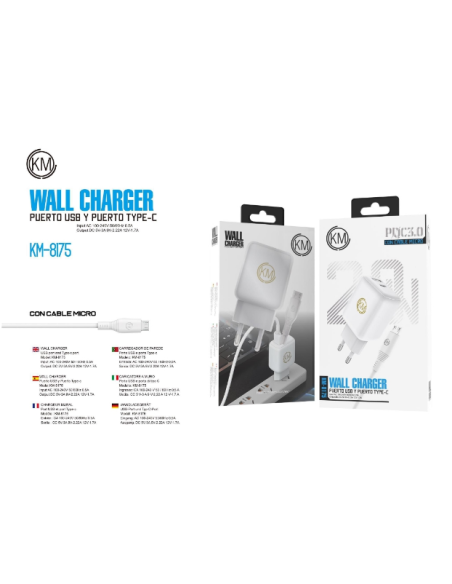 KM-8175 CARGADOR PARED 20W CABLE MICRO-USB [BLANCO]