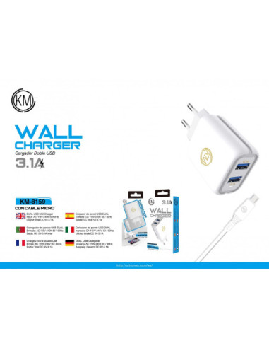 KM-8159 CARGADOR PARED 3.1A CABLE MICRO-USB [BLANCO]