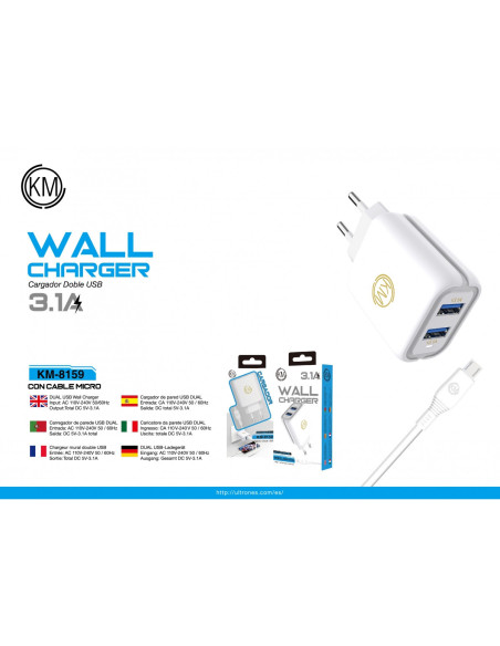 KM-8159 CARGADOR PARED 3.1A CABLE MICRO-USB [BLANCO]