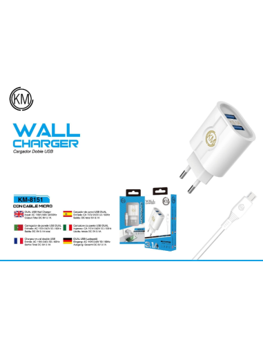 KM-8151 CARGADOR PARED 3.1A CABLE MICRO-USB [BLANCO]