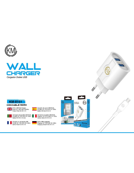 KM-8151 CARGADOR PARED 3.1A CABLE MICRO-USB [BLANCO]
