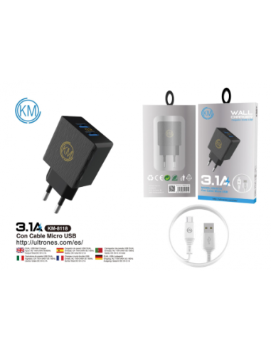 KM-8118 CARGADOR PARED 3.1A CABLE MICRO-USB [NEGRO]
