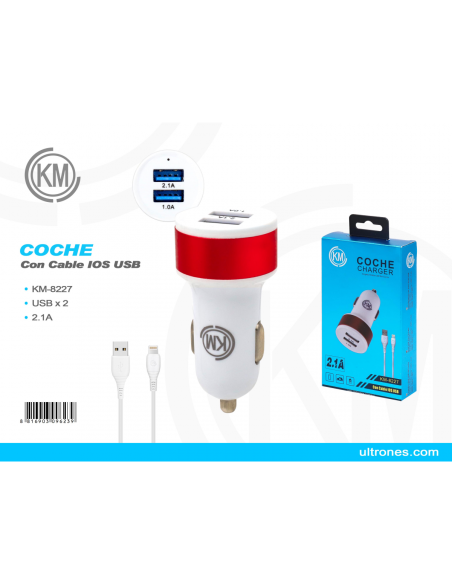 KM-8227 CARGADOR COCHE CABLE LIGHTNING [ROJO]
