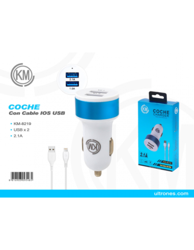 KM-8219 CARGADOR COCHE CABLE LIGHTNING [AZUL]