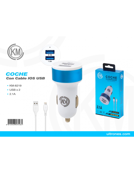 KM-8219 CARGADOR COCHE CABLE LIGHTNING [AZUL]