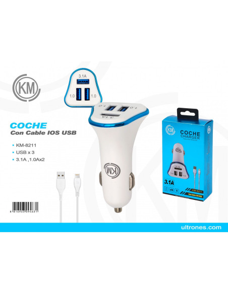 KM-8211 CARGADOR COCHE CABLE LIGHTNING [AZUL]