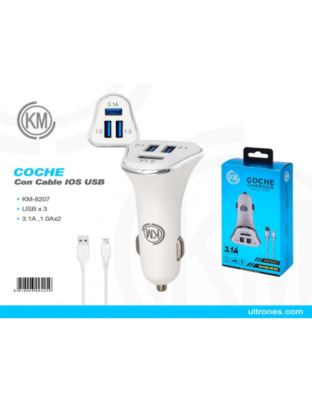 KM-8207 CARGADOR COCHE CABLE LIGHTNING [PLATA]